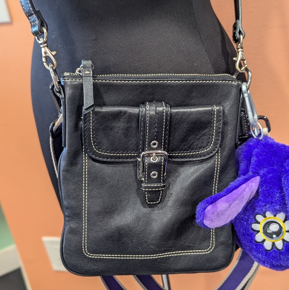 Coach Crossbody Black Leather Bag With Purple Strap Y2K Mini Flap Handbag - Picture 2 of 16